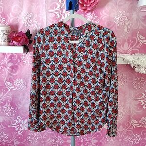 Chic Geometric Floral Blouse in Red and Blue